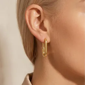French minimalist S925 sterling silver gold plated oval hoop earrings for women