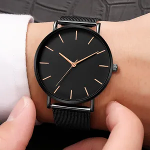 Detailed view of a minimalist black quartz watch with a sleek metal mesh strap