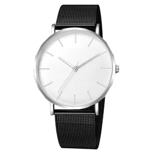 Minimalist quartz watch with silver case and black mesh strap on white background