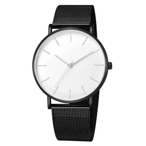 Full view of a minimalist black mesh strap quartz watch featuring a clean white dial