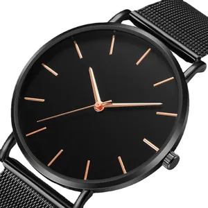 Minimalist black mesh strap quartz watch with elegant rose gold indices and hands