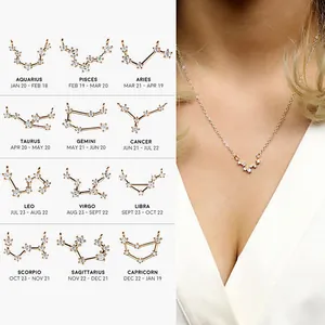 Gold-plated constellation necklace set featuring 12 zodiac signs with zircon crystals