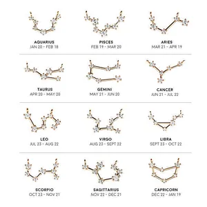 Gold twelve zodiac constellation pendant necklaces set with sparkling cubic zirconia