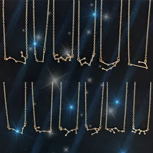 Set of 12 gold-plated zodiac constellation necklaces with sparkly zircon pendants