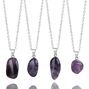 Collares con colgante de piedra de amatista natural en bruto con cristales pulidos