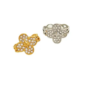 Elegant gold and silver four-leaf clover stainless steel rings with micro-pave cubic zirconia
