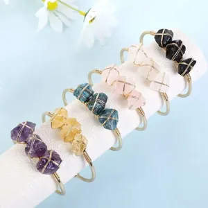 Natural Raw Amethyst Rose Quartz Citrine Stone Cuff Bracelet For Women Stainless Steel Handmade Wire Wrapped Open Bangle Jewelry