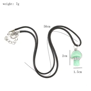 Detailed size guide for handmade wire-wrapped mushroom pendant necklace in green.