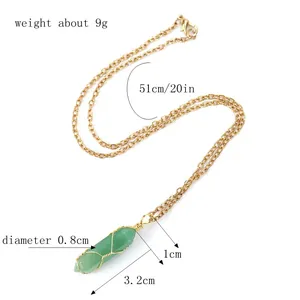 Detail view of green crystal hexagonal pillar necklace with gold wire wrap and size