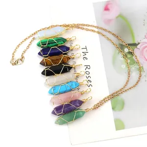 Variety of wire-wrapped hexagonal crystal pillar necklaces displayed on a rose card.