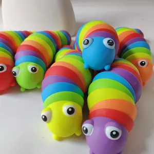 Close-up detail of several vibrant rainbow segmented caterpillar sensory fidget toys