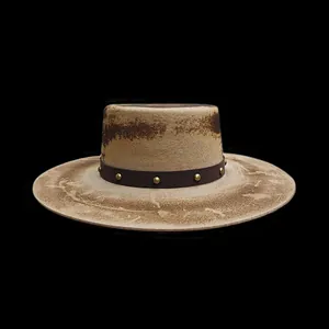 Vintage distressed wool flat-top hat with studded leather band for festival outfits