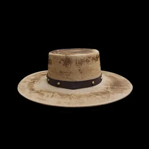 Vintage distressed wool felt wide brim bolero hat with gold studs and leather band
