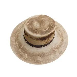 Vintage distressed wool top hat with decorative studded band on white background