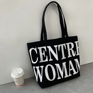 Large capacity black canvas tote bag with white Centre Woman graphic print for women