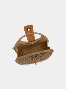 Bolso de mano de paja tejida de estilo francés vintage con detalles de cuero marrón