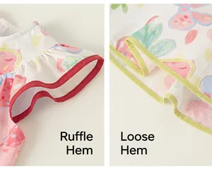 Detailansicht von Rüschenärmeln und lockerem Saum bei einem buntem Kinderbaumwollkleid.