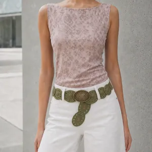 Stylish Bohemian punk style green decorative belt with vintage metal buckle for women