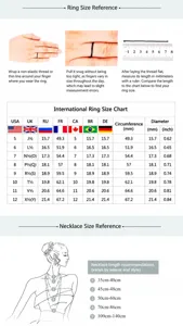 International jewelry size chart for rings and necklace length measurement guide