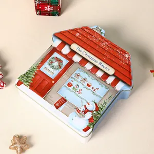 Festive Christmas house-shaped tin box with bakery theme illustration and snowman