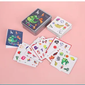 Interactive card game set with colorful cartoon icons and a durable metal storage box