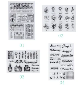 Detailed view of four vintage clear silicone stamp sets featuring botanical and calendar designs