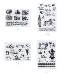 Detailed view of four vintage silicone stamp sheets for DIY journaling and crafts