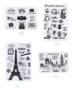 Macro view of four sheets vintage clear silicone stamps with coffee and landmark designs