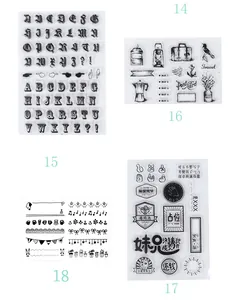 Detail view of four sets of clear silicone stamps for DIY journaling and scrapbooking