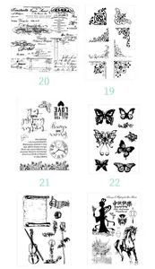 Collage of various vintage transparent silicone stamp designs for DIY scrapbooking projects
