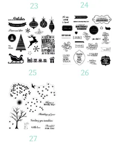A detailed catalog view showing four distinct sets of vintage silicone stamps for DIY scrapbooking
