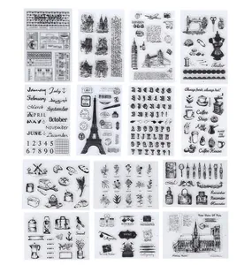 Twelve sheets of vintage-style clear silicone stamps for journaling and DIY crafts.
