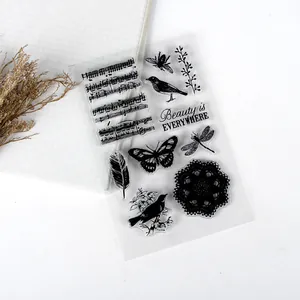 Vintage transparent silicone stamp set with birds and butterflies for DIY journaling deco