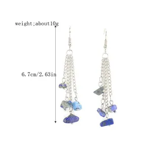 Handcrafted natural lapis lazuli crushed stone multi-layer chain tassel earrings.