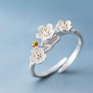Vintage Silver Color Plum Blossom Open Ring For Women Artistic Branch Texture Floral Adjustable Finger Ring Jewelry