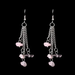 Handmade pink natural crystal stone tassel drop earrings with silver multi-layer chain