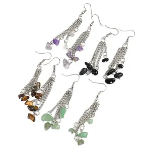 Handmade tassel earrings with natural crystal chips and multi-layer silver metal chains