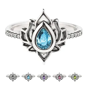 Bague lotus vintage pour femme avec zircon en forme de larme en plusieurs couleurs