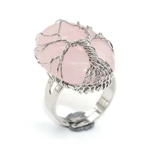 Detailed macro view showing the intricate wire-wrapped tree of life design on a rose quartz ring