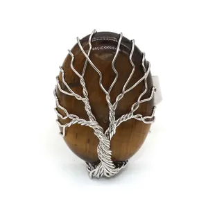 Detailed macro shot of an adjustable Tree of Life ring featuring an oval Tiger's Eye gemstone.