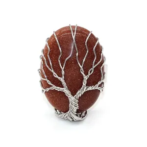 Macro detail of wire-wrapped Tree of Life design on oval goldstone adjustable ring