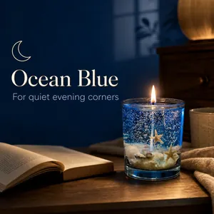 Λεπτομερής προβολή του αρωματικού κεριού Ocean Blue με κοχύλια και αστερίες στο δωμάτιο