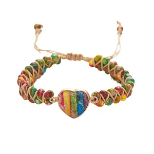 Bracelet tissé à la main en jaspe coloré avec cœur rayé et cordon ajustable