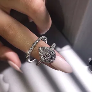 Pear Cut Waterdrop Rhinestone Halo Ring Set Alloy Silver Plated Engagement Wedding Rings For Women Elegant Fashion Jewelry