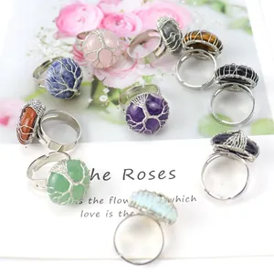 Handmade Tree of Life Ring Wire Wrapped Round Natural Stone Adjustable Open Finger Ring for Women Bohemian Jewelry Gift