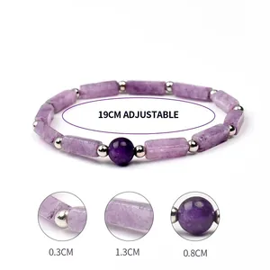 Detail view of amethyst bracelet with 19cm adjustable length and bead size annotations