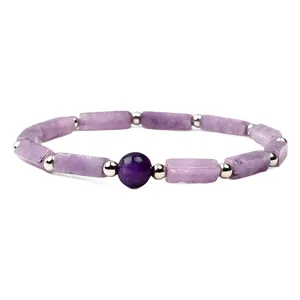 Natural amethyst bracelet with 4x13mm rectangular columns and central round bead detail