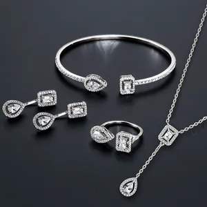 Elegant silver-toned jewelry set with teardrop AAA cubic zirconia for evening wear