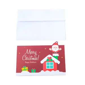 Tarjeta de felicitación navideña de dibujos animados con Papá Noel y sobre blanco