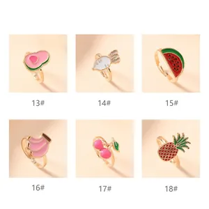 Detailed view of colorful fruit rings for kids with avocado, cherry, and pineapple motifs